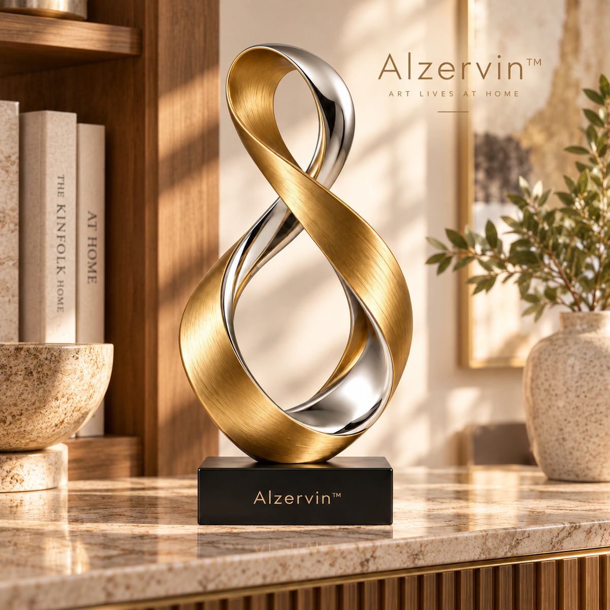Alzervin™ Gold & Silver Infinity Ribbon Sculpture