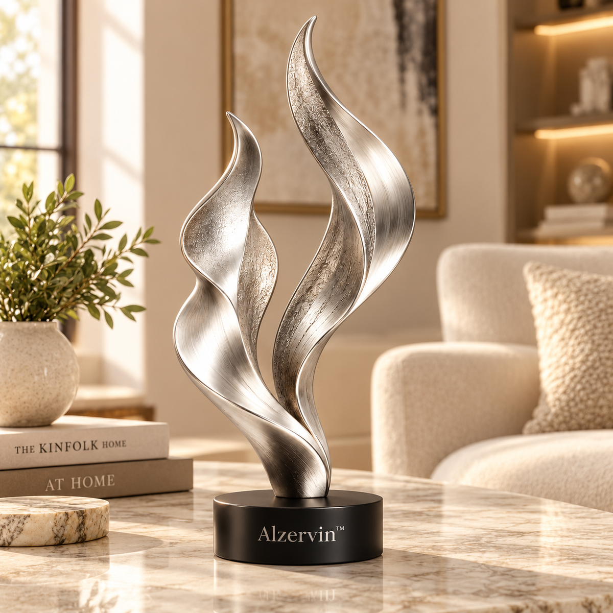 Alzervin™ Silver Flame Modern Abstract Sculpture
