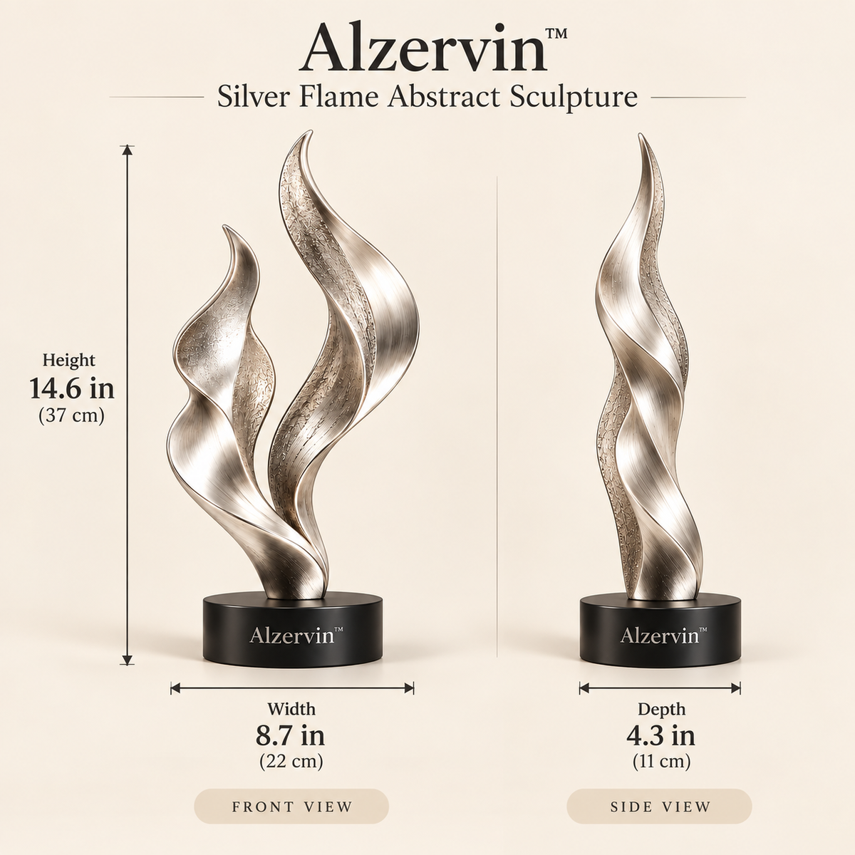Alzervin™ Silver Flame Modern Abstract Sculpture