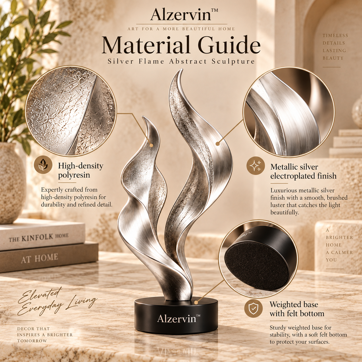 Alzervin™ Silver Flame Modern Abstract Sculpture
