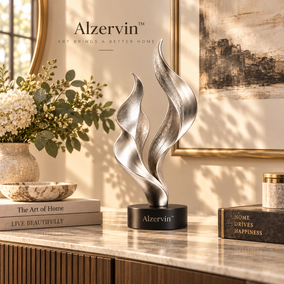 Alzervin™ Silver Flame Modern Abstract Sculpture