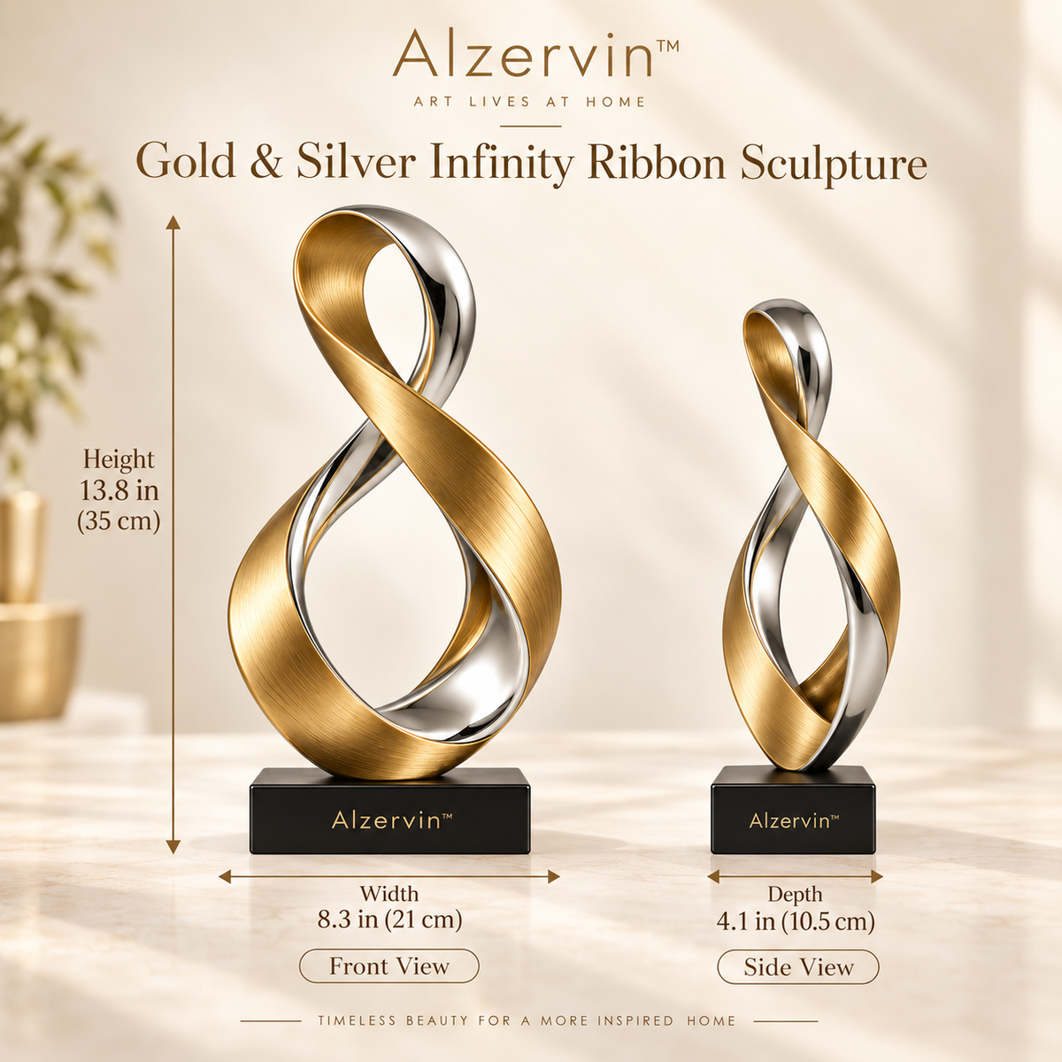 Alzervin™ Gold & Silver Infinity Ribbon Sculpture
