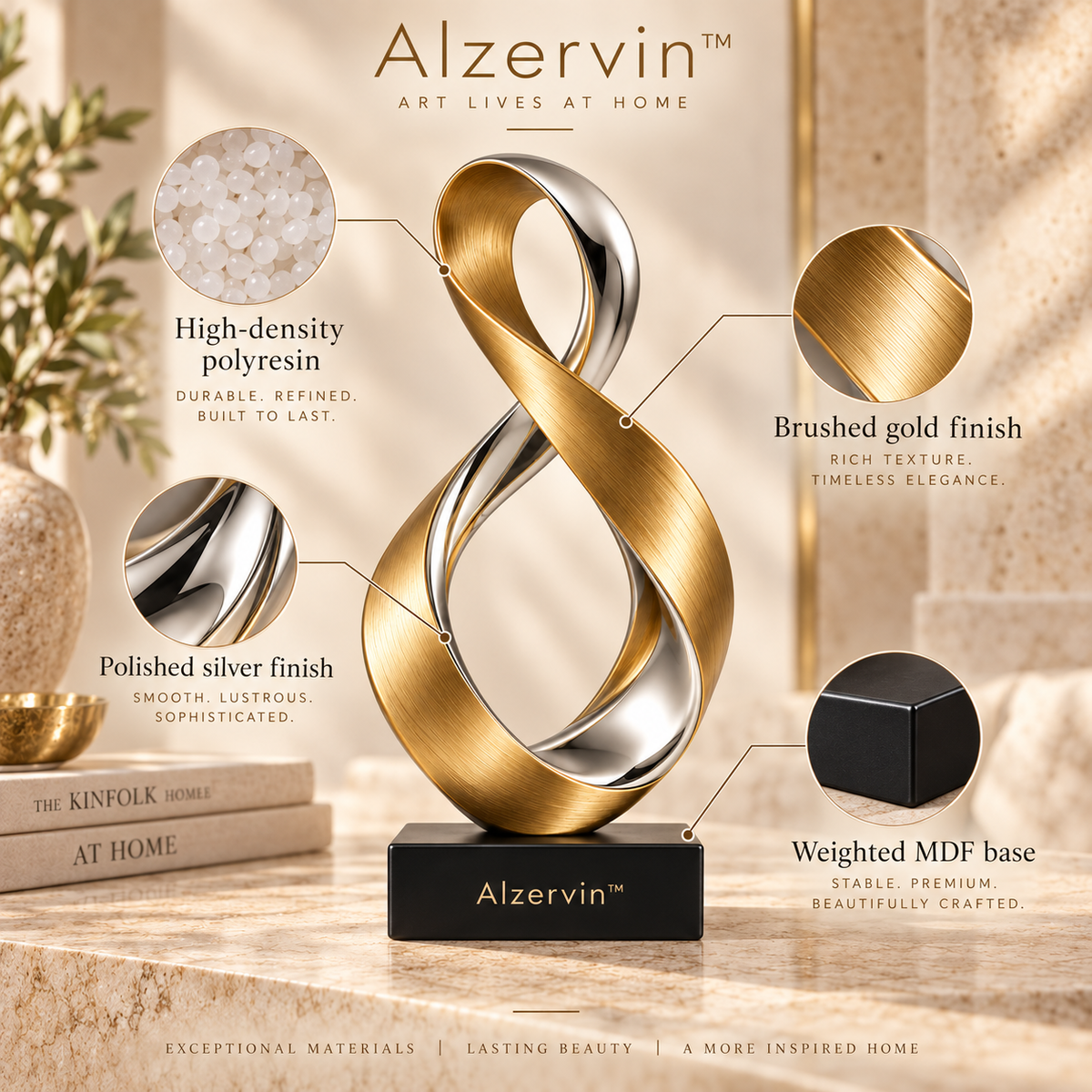 Alzervin™ Gold & Silver Infinity Ribbon Sculpture