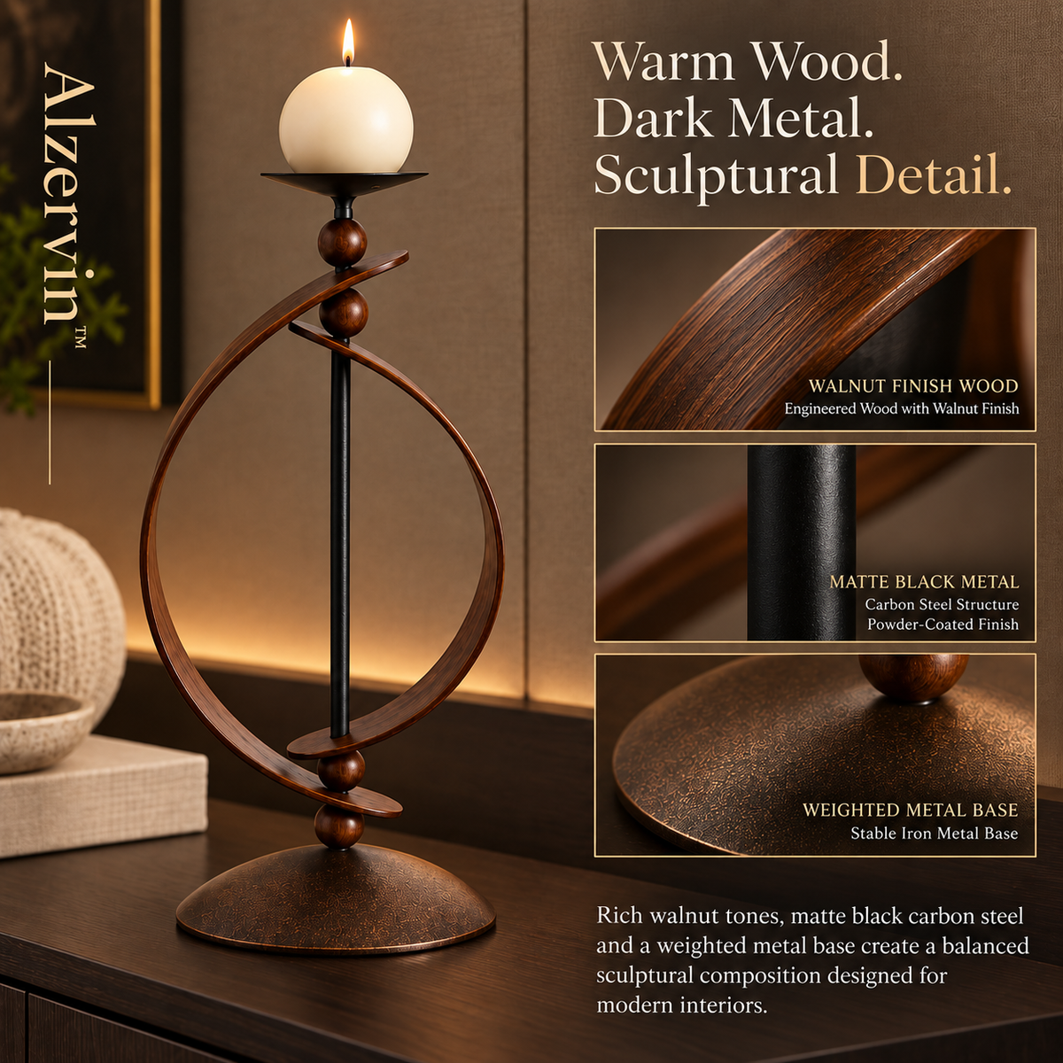 Alzervin™ Walnut Orbit Sculptural Candle Holder