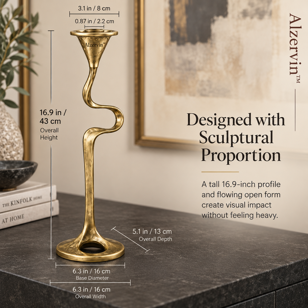 Alzervin™ Sculptural Flow Brass-Tone Metal Taper Candle Holder