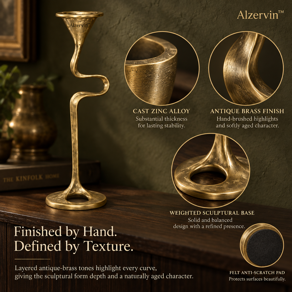 Alzervin™ Sculptural Flow Brass-Tone Metal Taper Candle Holder