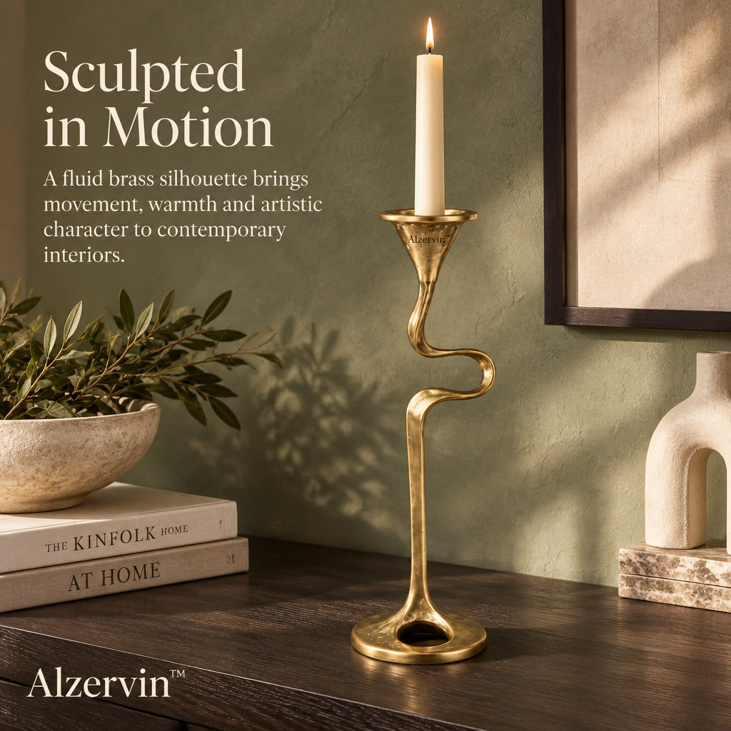 Alzervin™ Sculptural Flow Brass-Tone Metal Taper Candle Holder