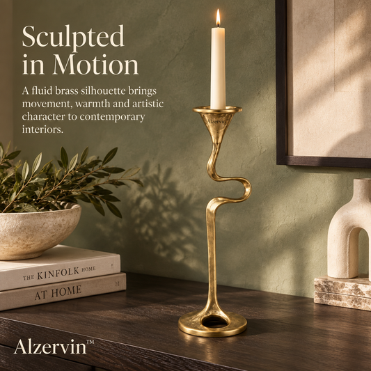 Alzervin™ Sculptural Flow Brass-Tone Metal Taper Candle Holder