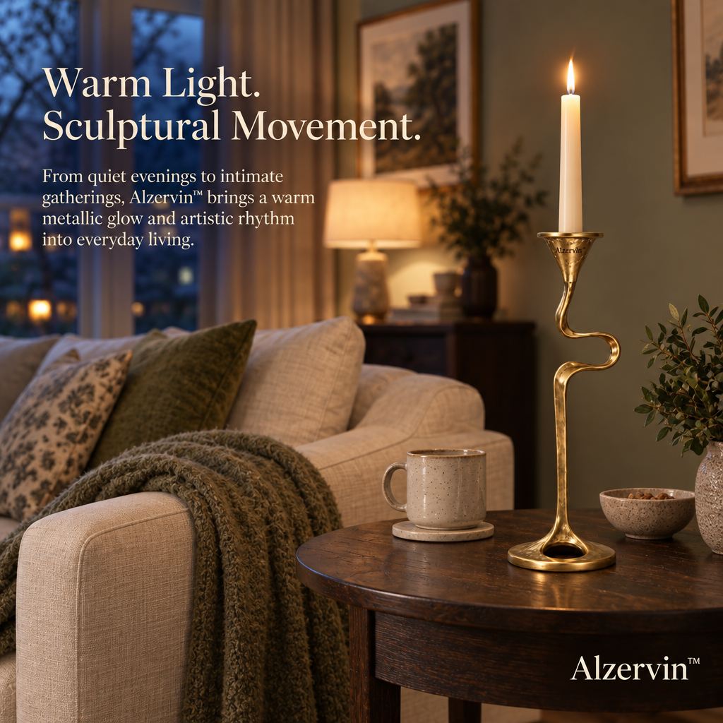 Alzervin™ Sculptural Flow Brass-Tone Metal Taper Candle Holder